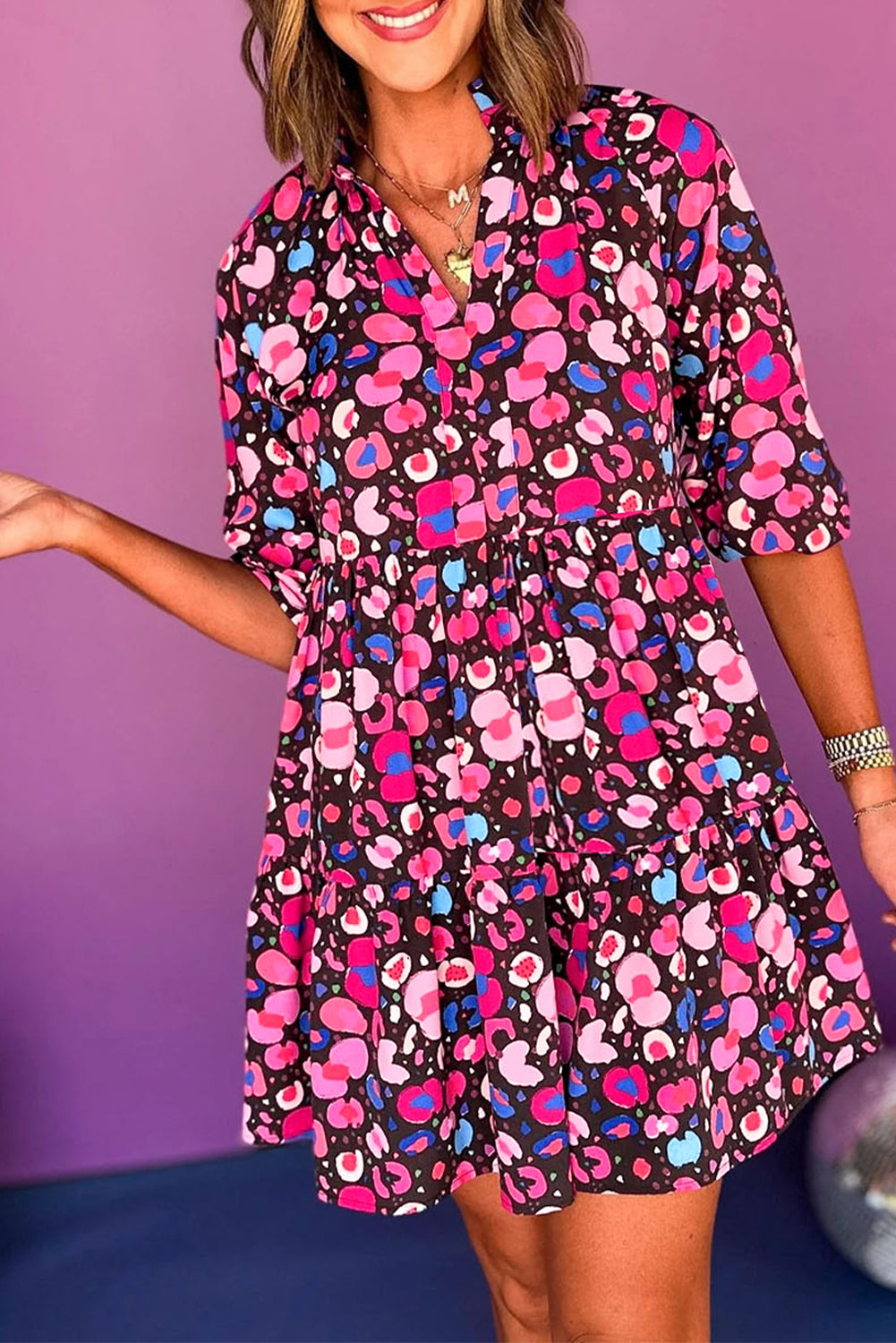 Rose Abstract Print V Neck Collared Half Sleeve Short Dress eAura