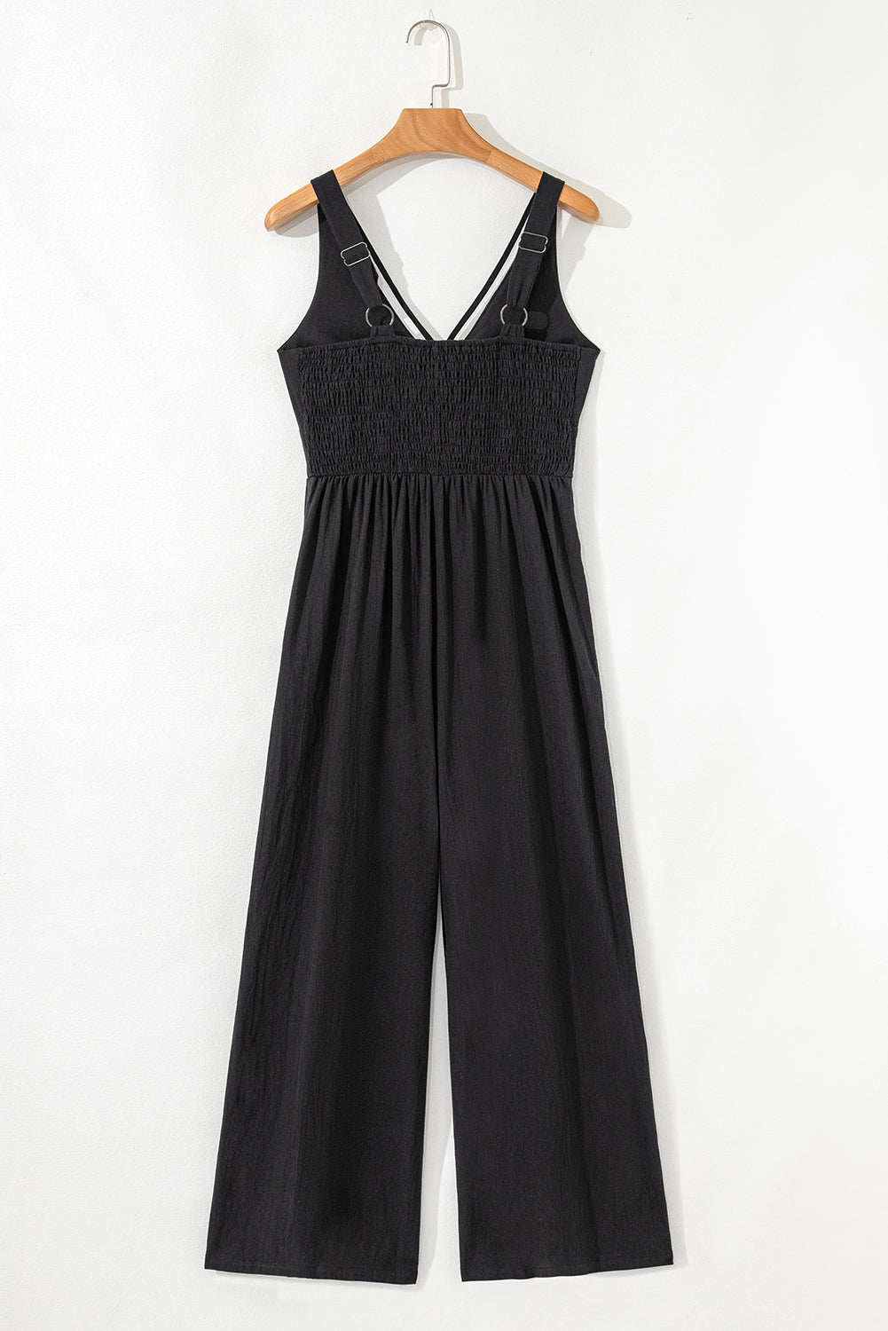 Black Front Cut Out Smocked Back Sleeveless Wide Leg Jumpsuit eAura