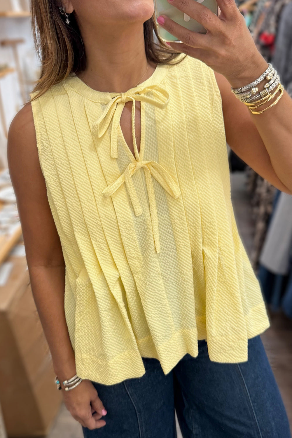 Yellow Cream Bow Tie Notched Neck Pleated Sleeveless Top eAura