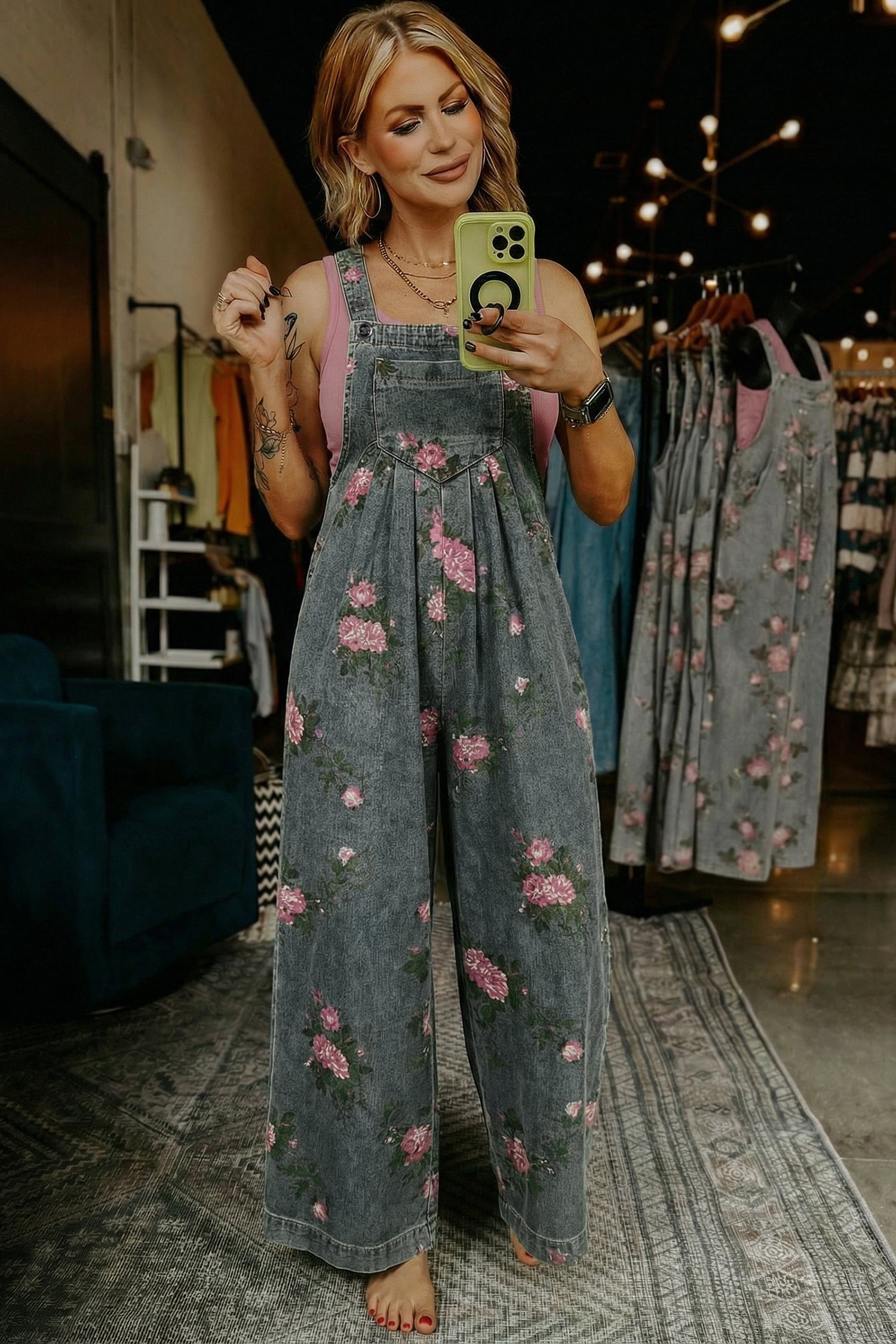 Floral Print Pleated Wide Leg Denim Jumpsuit – High Waist