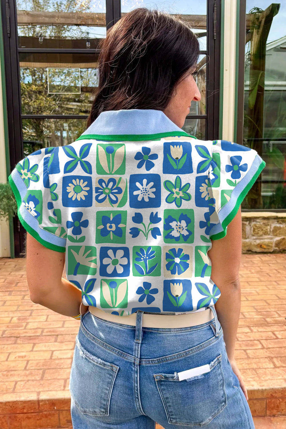 Green Floral Plaid Colourblock Trim Collar Flutter Sleeve Blouse eAura