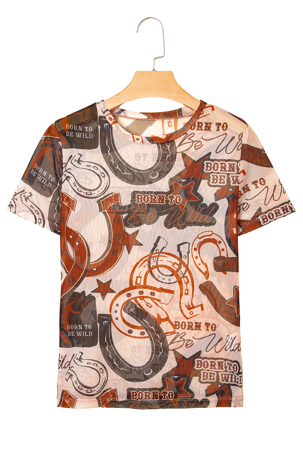 Brown Western Horseshoe Printed Mesh T Shirt eAura