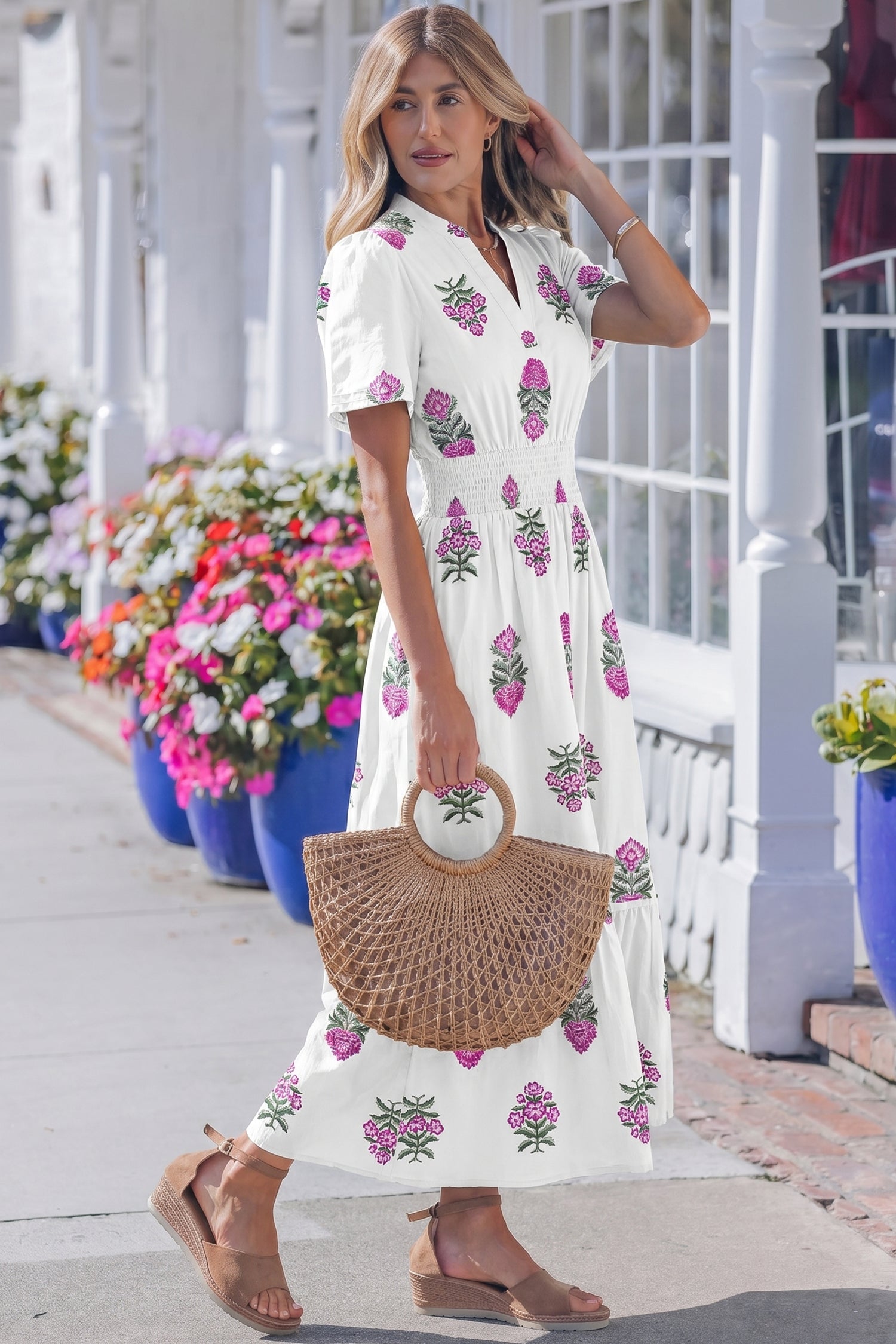 Floral Print Split Neck Shirred Waist Ruffle Hem Maxi Dress