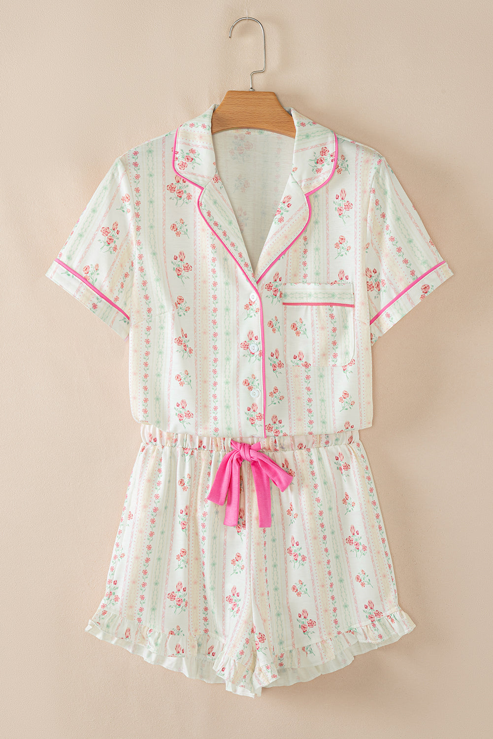 Beige Floral Print Contrast Pipping Short Pyjamas Set eAura