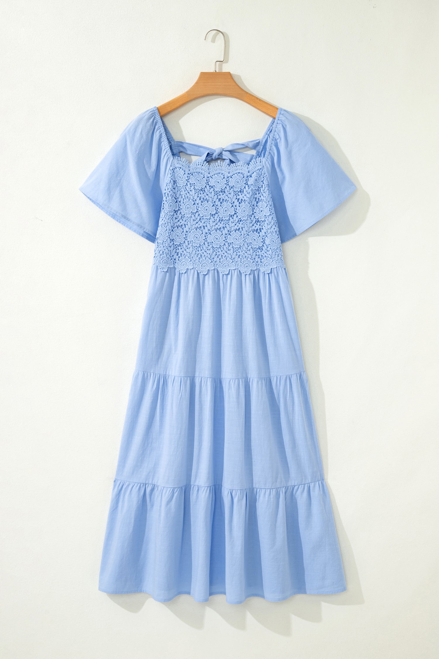 Flowy Short Sleeve Lace Detail Square Neck Tiered Midi Dress