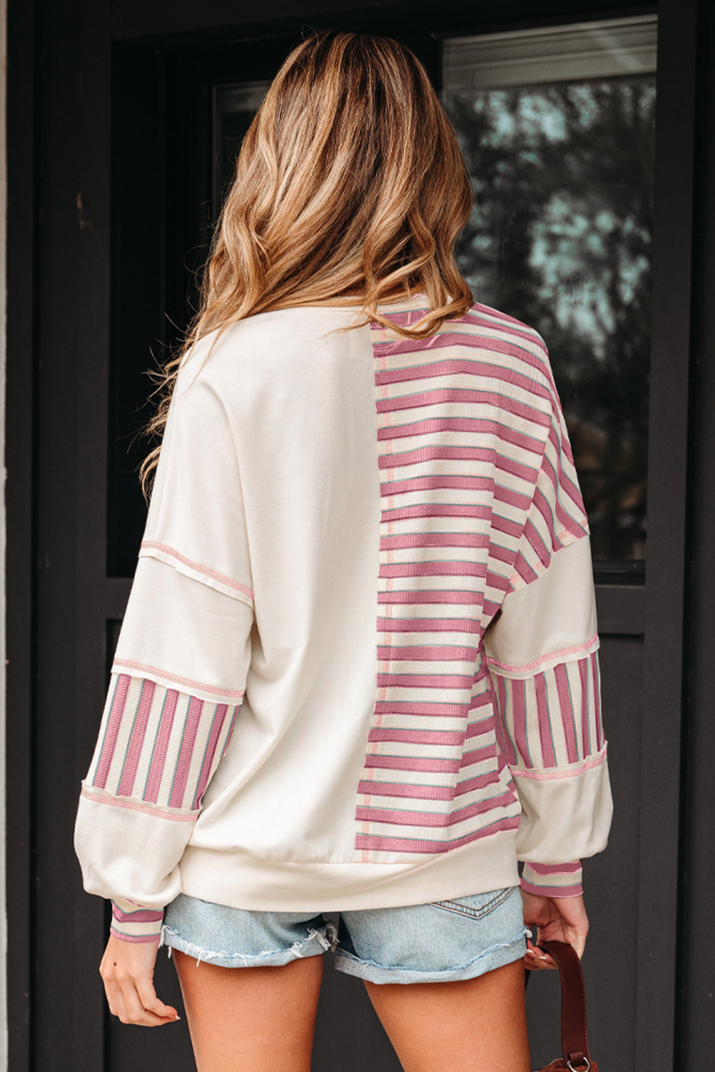 Stripe Stitched Detail Patchwork Oversized Pullover Top - eAura