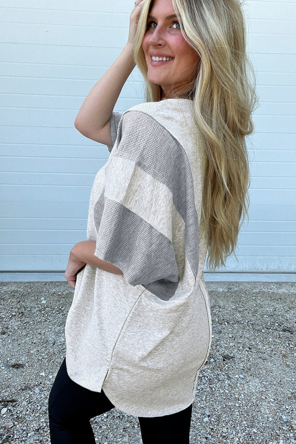 Light Grey Two Tone Contrast Waffle Knit Patched Buttoned V Neck Top eAura