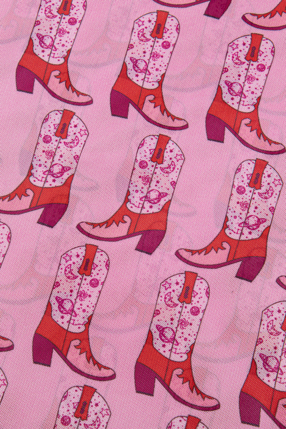 Pink Cowgirl Boots Printed Mock Neck Long Sleeve Mesh Top eAura