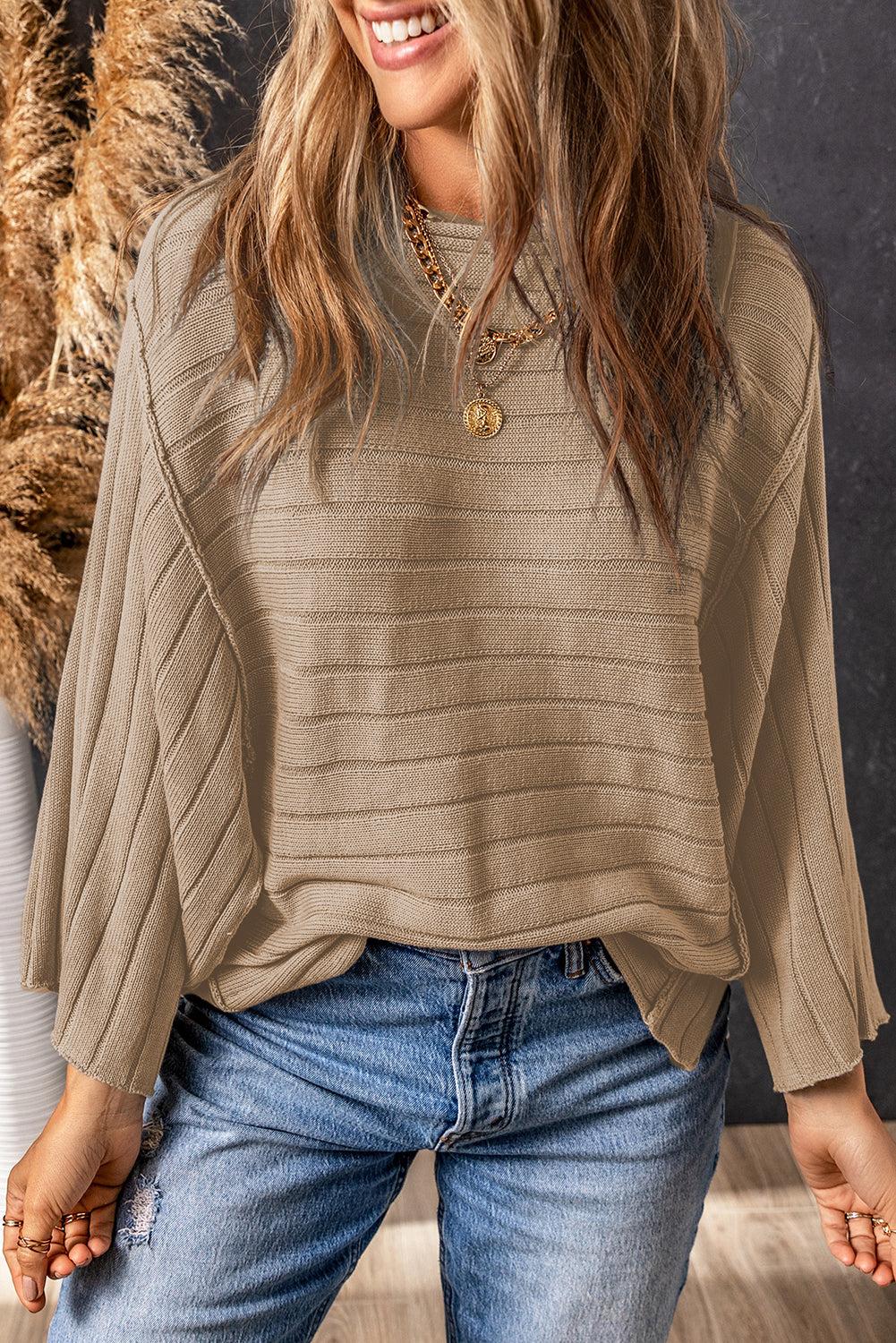 Black Exposed Seam Ribbed Knit Dolman Top eAura