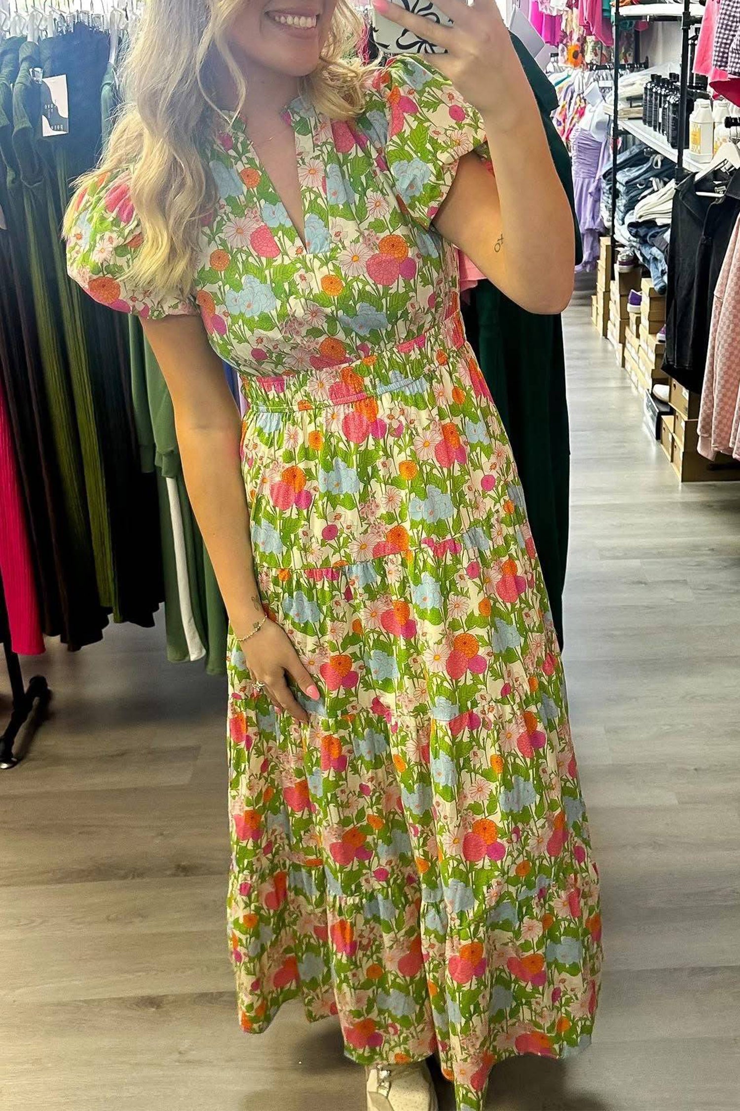 Floral Print V-Neck Short Puff Sleeve Maxi Dress