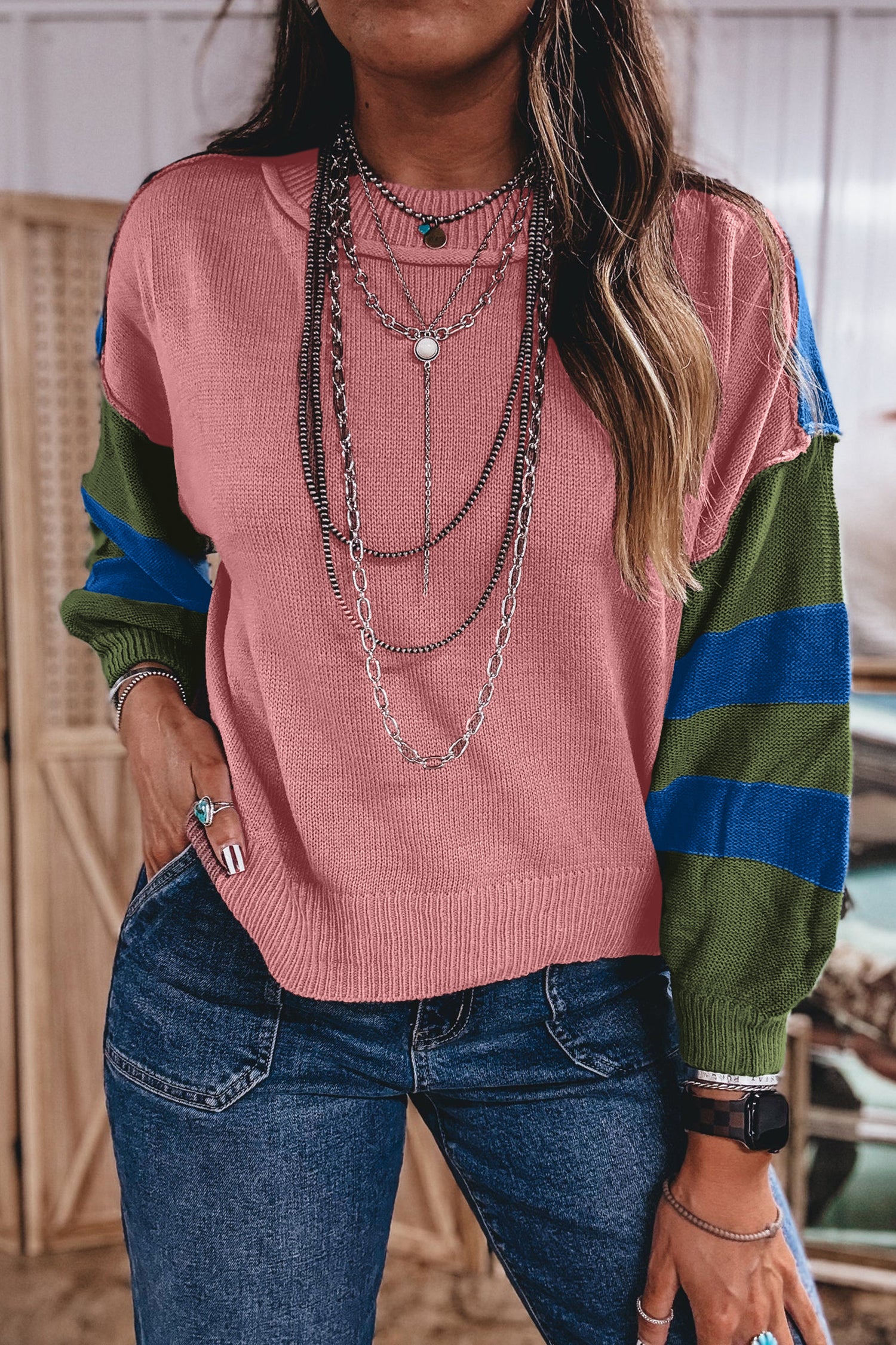 Western Colorblock Patchwork Striped Long Sleeve Pullover Sweater – Multicolour
