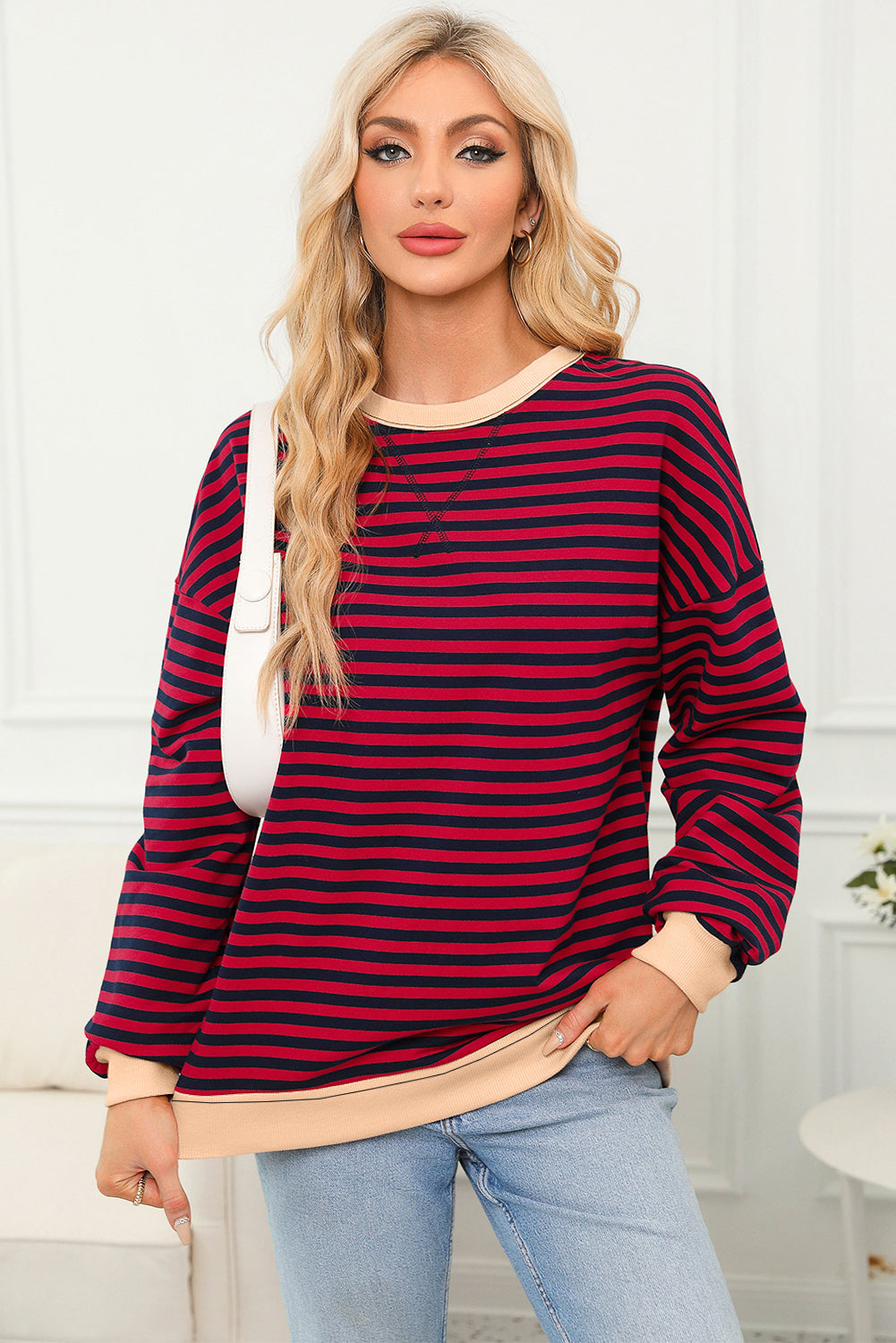 Striped Contrast Ribbed Trim Crossed Stitch Drop Shoulder Sweatshirt - eAura
