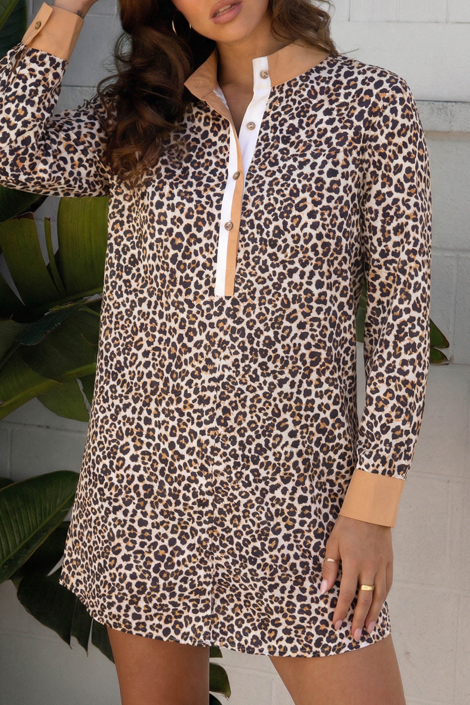Multicolour Button Striped Collar Leopard Print Long Sleeve Dress