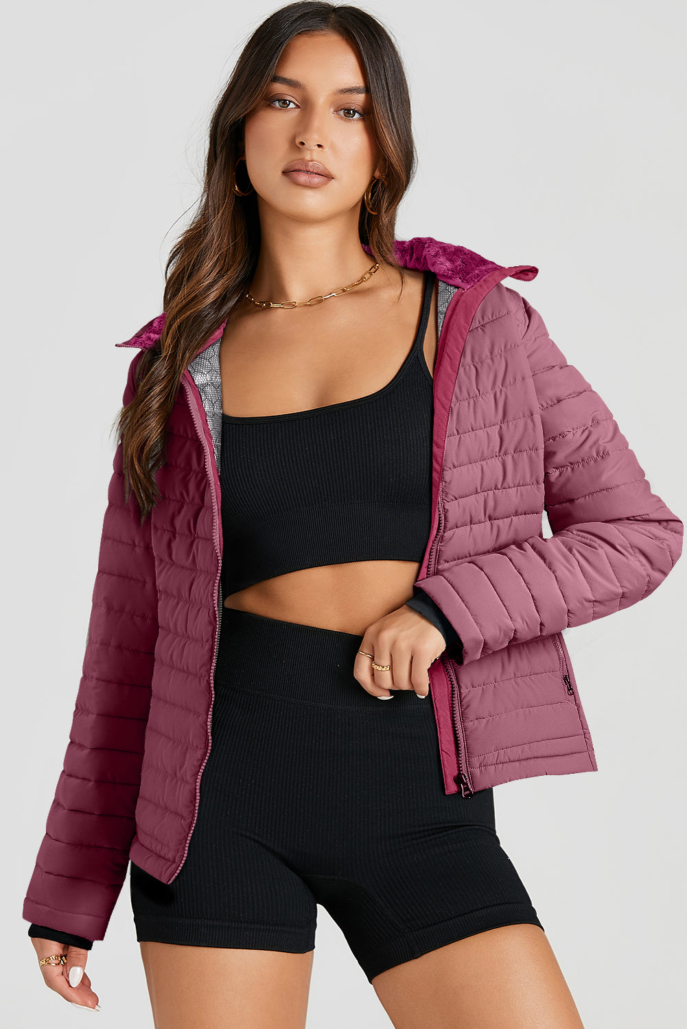 Myosotis Solid Colour Quilted Zip-up Puffer Jacket Beagle Boutique Fashion Outlet