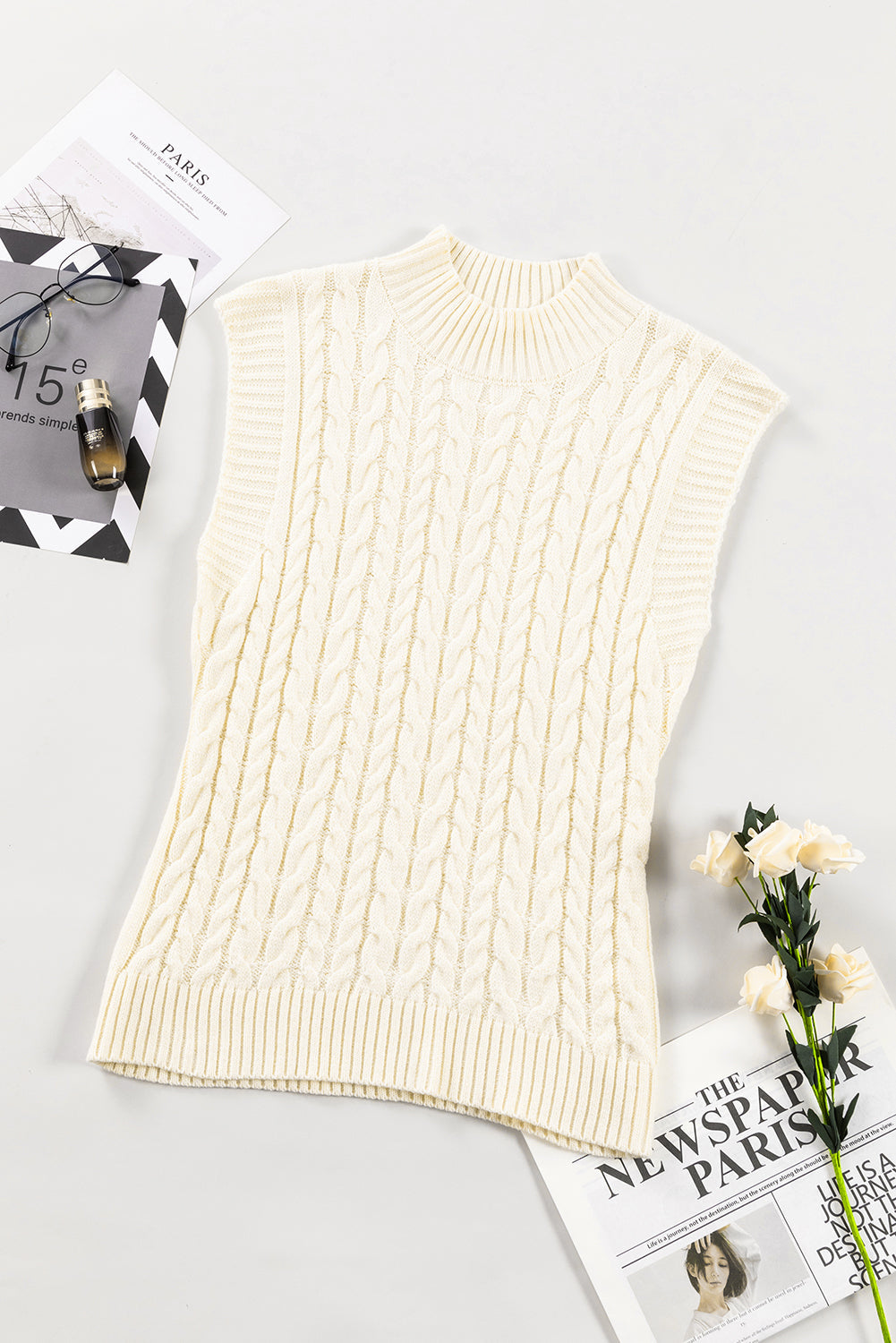 Oatmeal Cable Knit High Neck Sweater Vest eAura