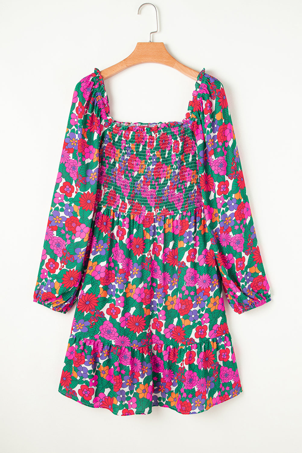White Plus Size Floral Frilled Square Neck Shirred Long Sleeve Dress BB Fashion Outlet