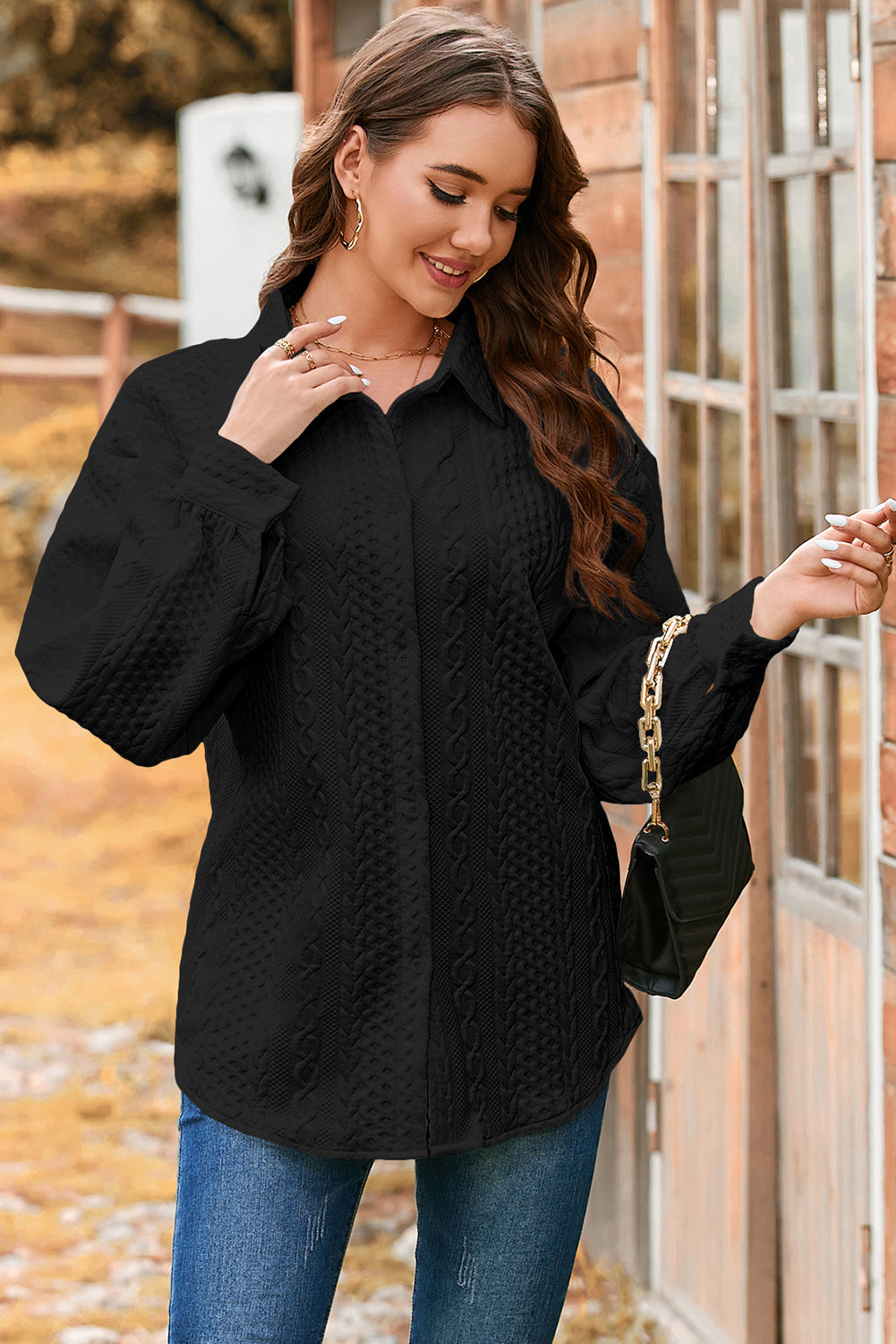 Textured Puff Sleeve Loose Shacket eAura