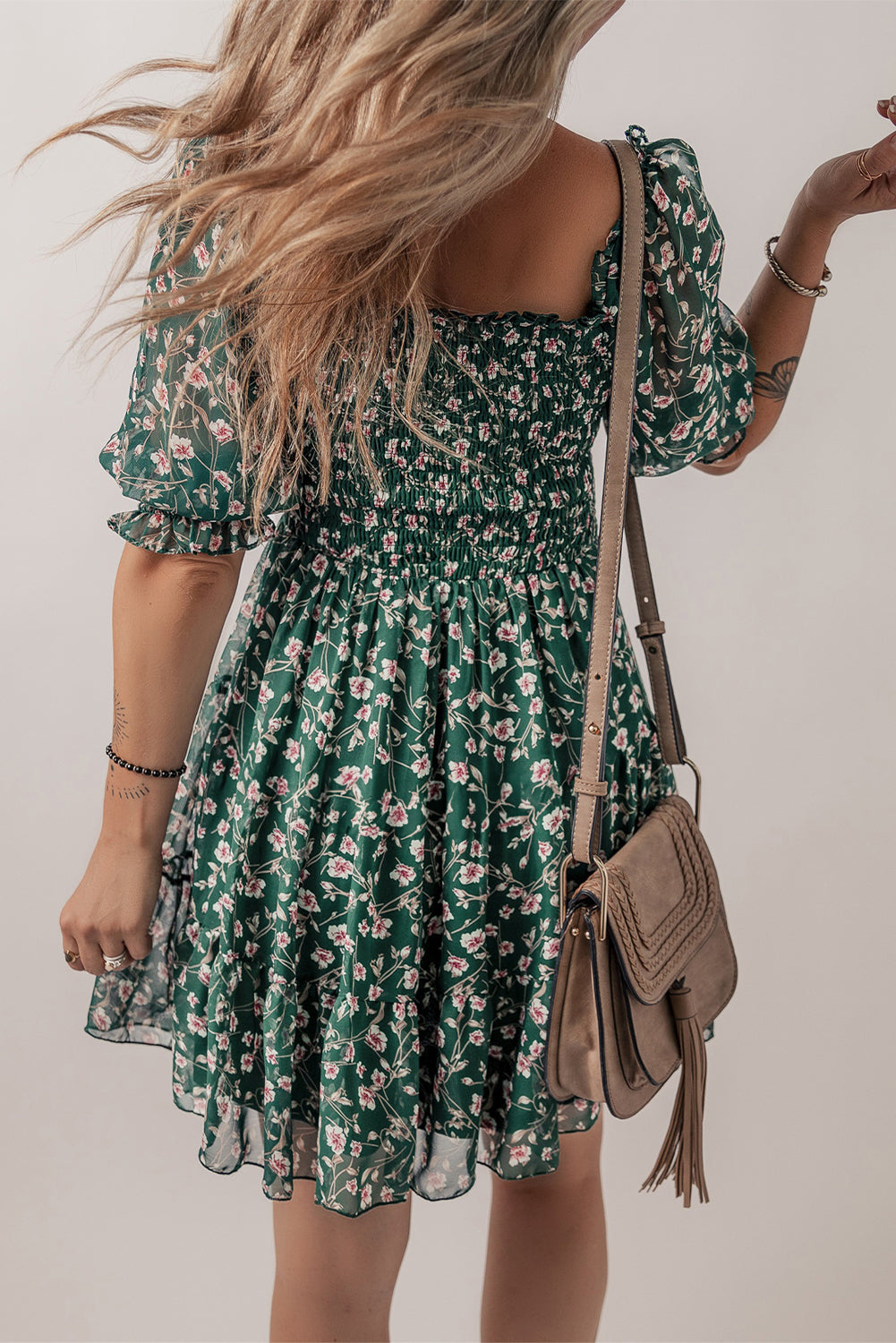Green Smocked Square Neck Puff Short Sleeve Floral Dress eAura