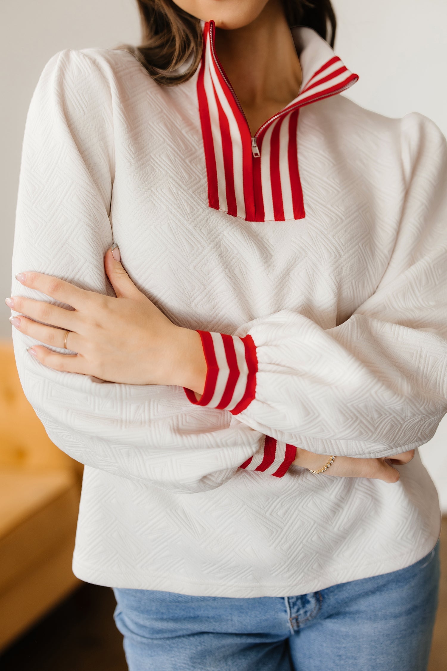 Textured Contrast Striped Accent Zip Collar Pullover Top - Tops/Long Sleeve Tops