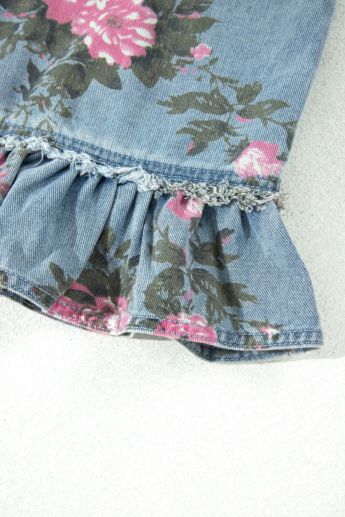 Sky Blue Floral Print Raw Seam Ruffle Hem Denim Jacket – Light Blue