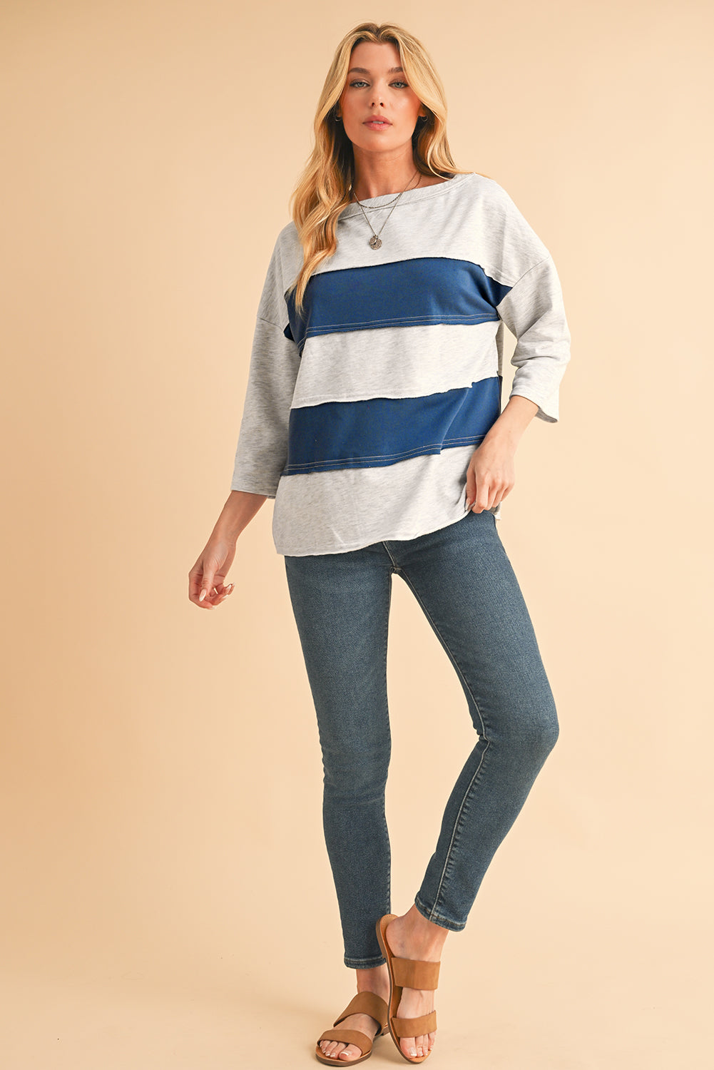 Striped Patchwork 3/4 Sleeves Raw Edge Sweatshirt - eAura