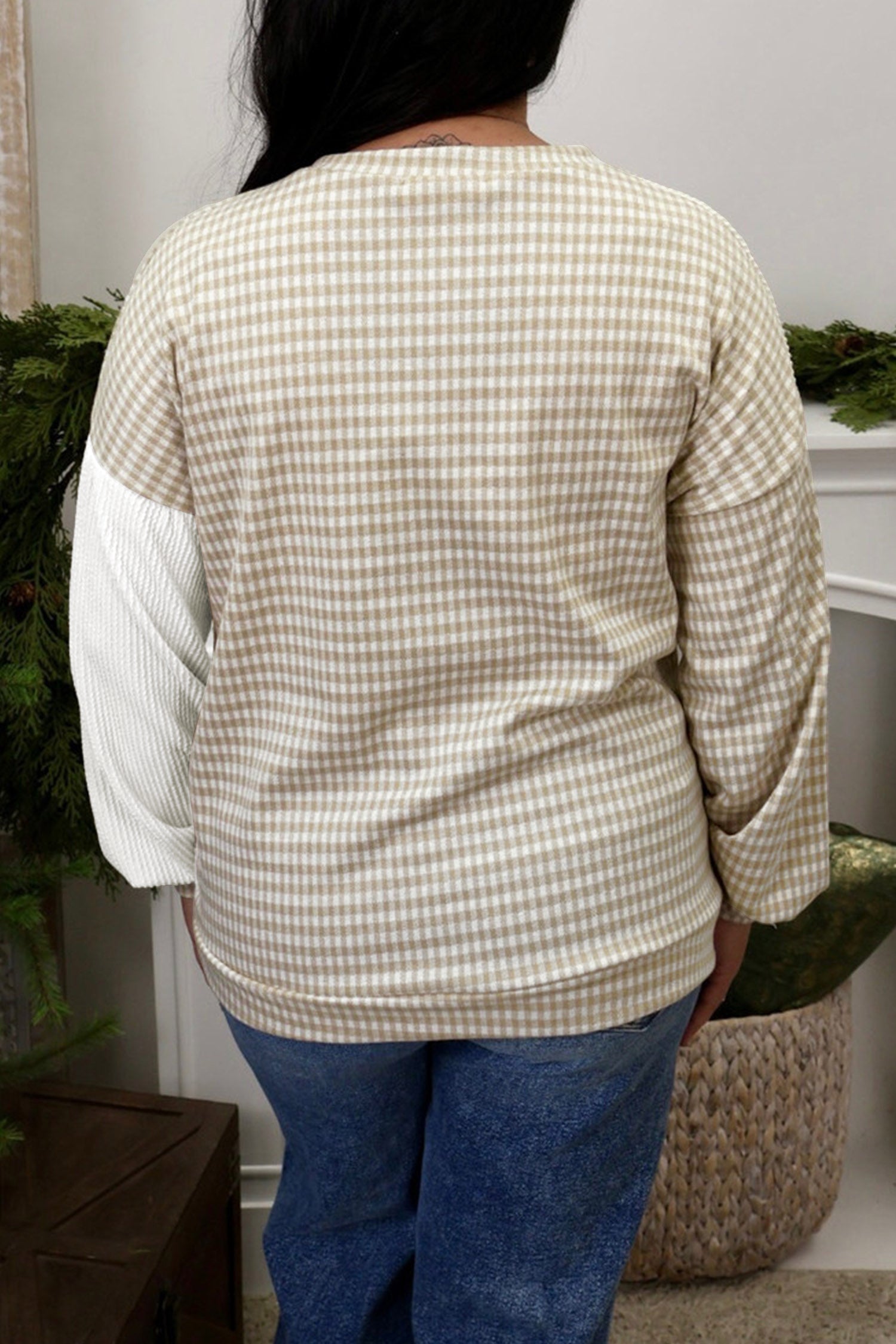 Patchwork Checkered Long Sleeve Round Neck Plus Size Blouse – Khaki