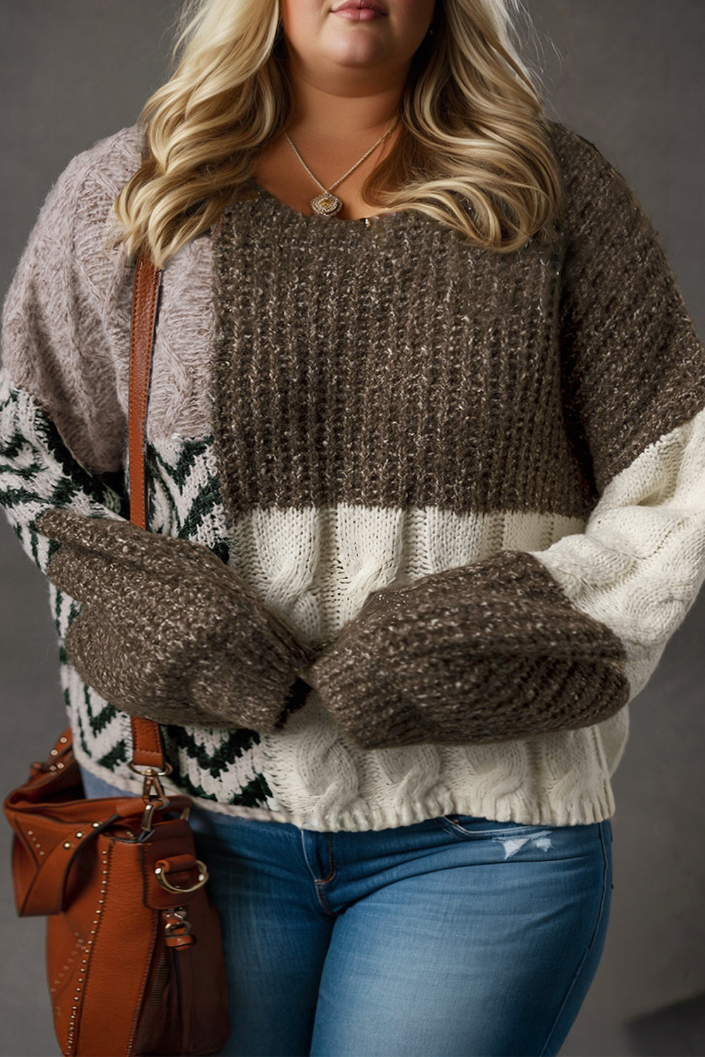 Brown Plus Size Color Block Patchwork Knotted Back Loose Fit Sweater Dear-Lover Dropshipping