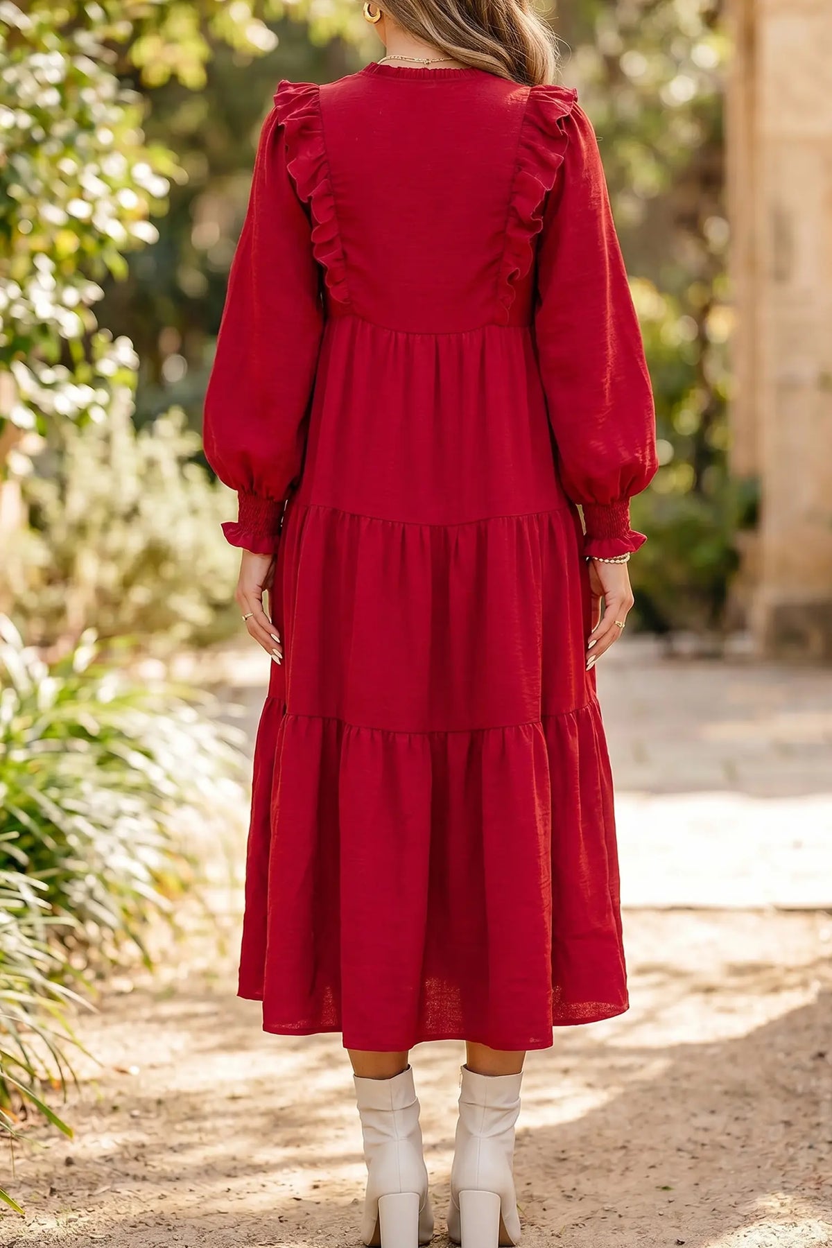 Solid Colour Ruffle Trim Long Sleeve Tiered Shift Midi Dress – Racing Red