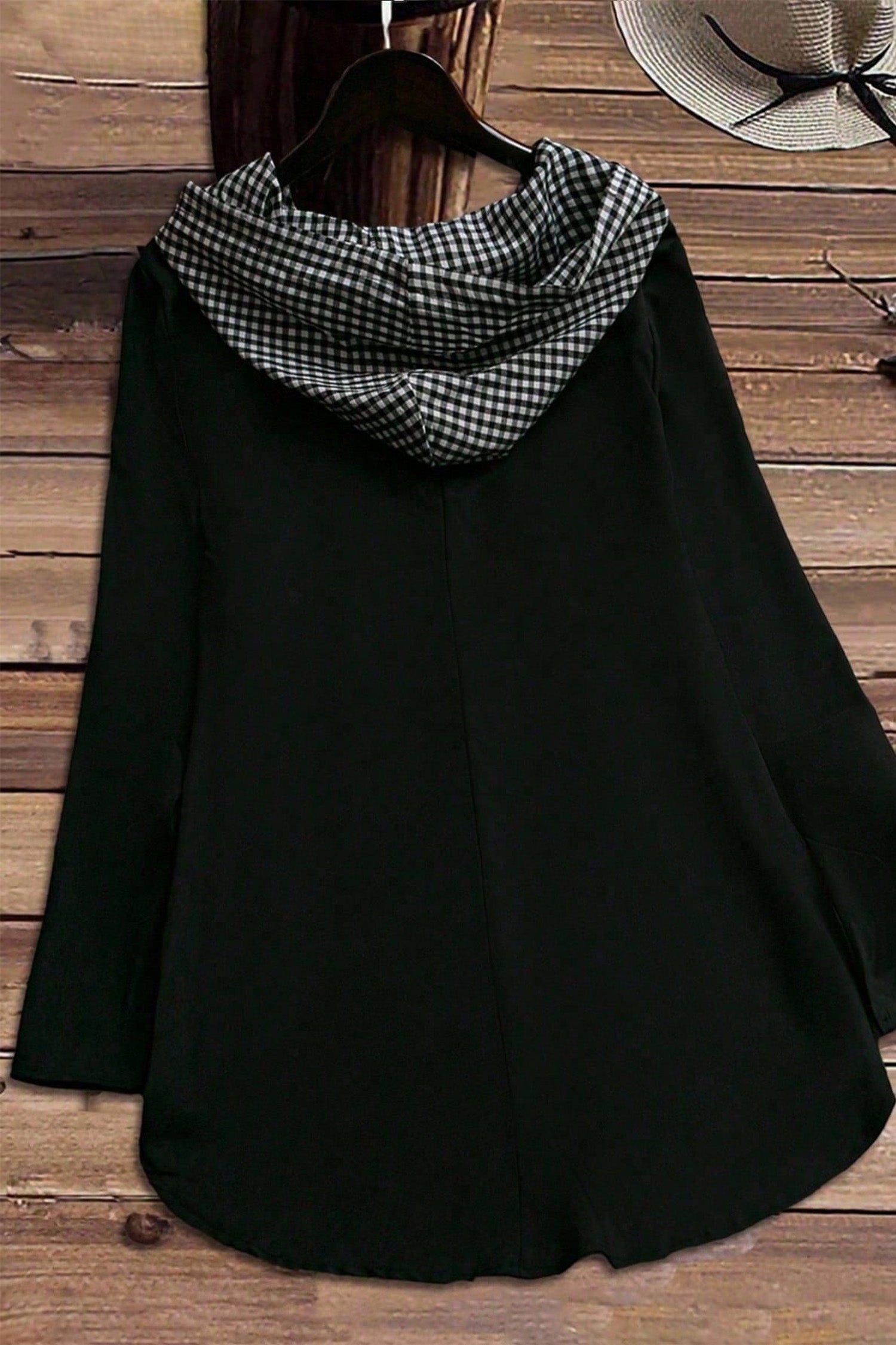 Hooded Gingham Paneling Chest Patch Pocket Long Sleeve Plus Size Blouse – Black