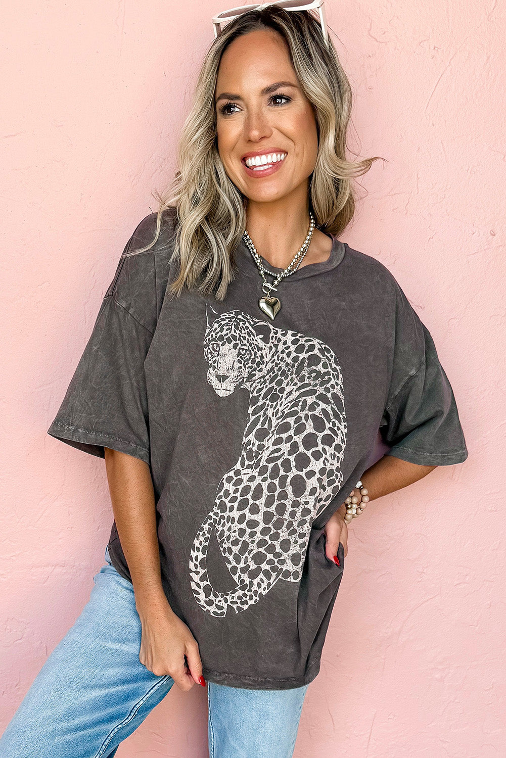 Medium Grey Vintage Cheetah Printed Mineral Wash Graphic Tee eAura