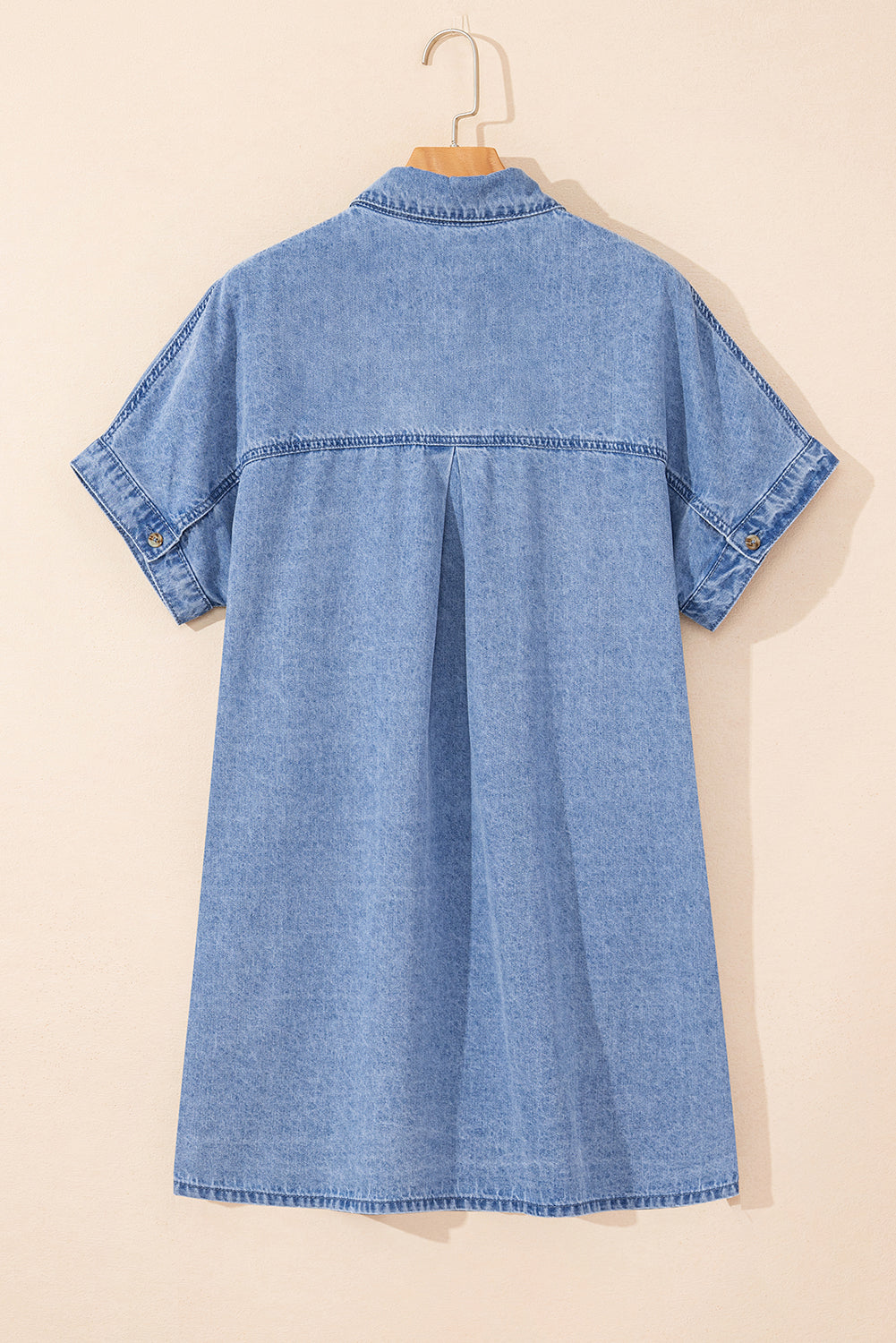 Dusk Blue Short Sleeve Pocketed Button up Denim Tunic Dress BB Fashion Outlet