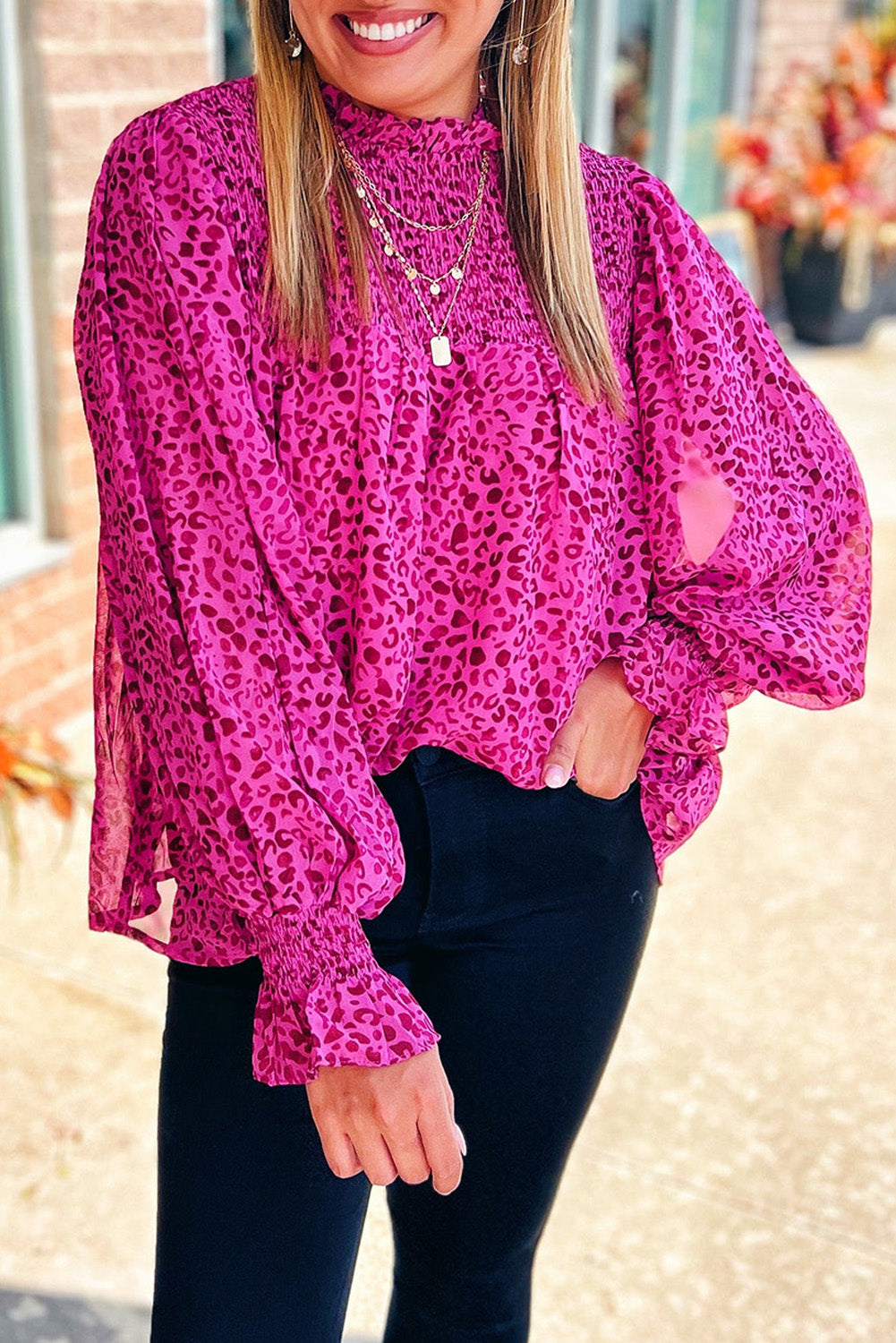 Rose Leopard Shirred Puff Sleeve Flowy Blouse eAura