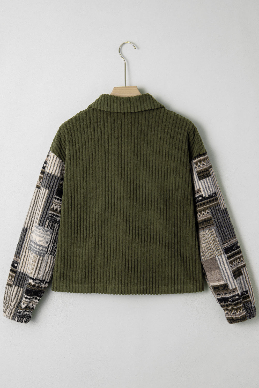 Green Ribbed Fleece Plaid Print Patchwork Button Up Jacket - eAura