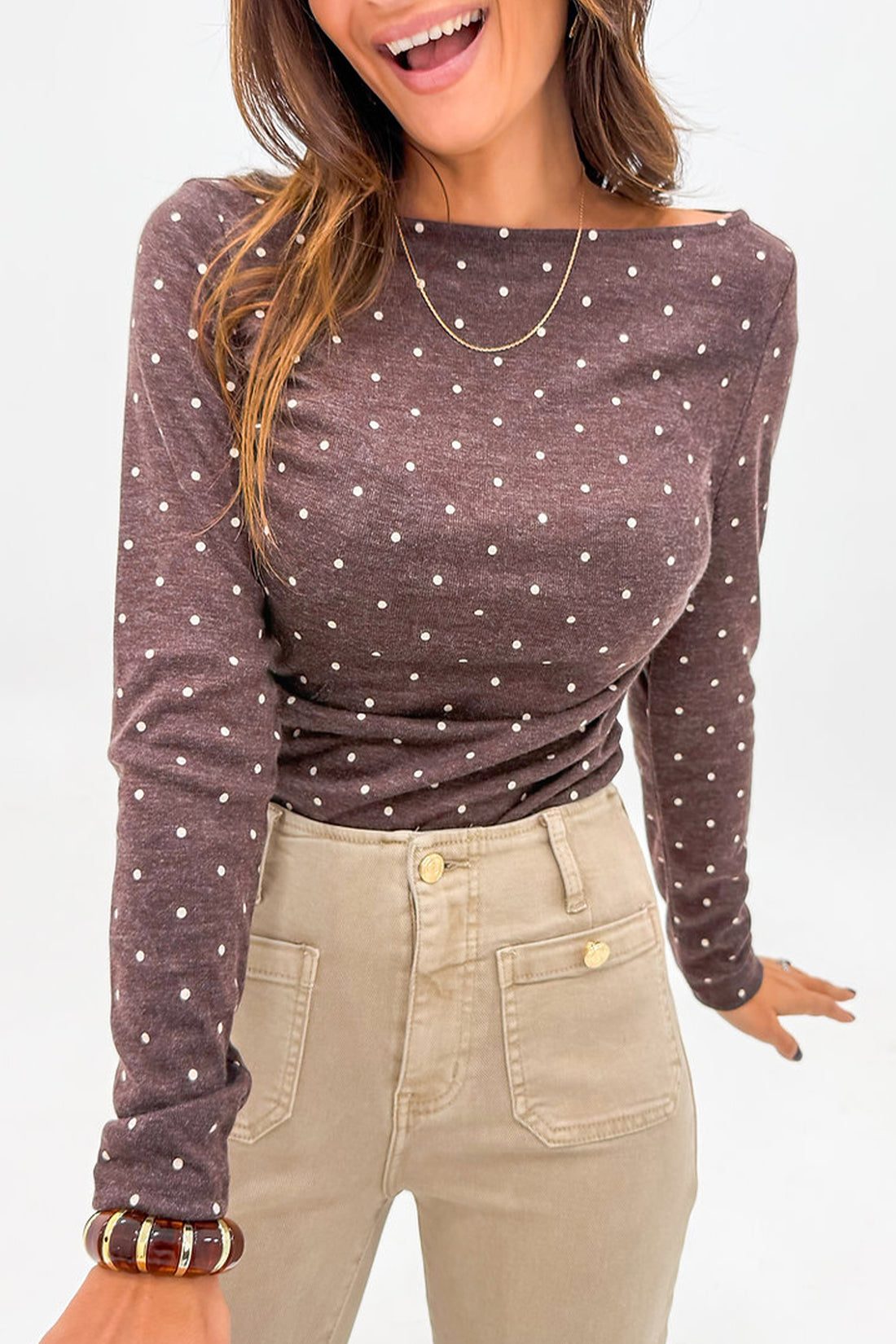 Polka Dot Boat Neck Long Sleeve Top - Tops/Long Tops