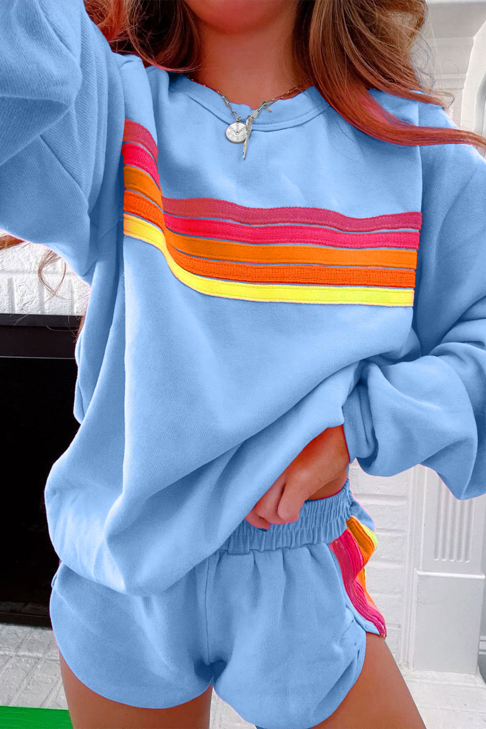 Beau Blue Striped Accent Pullover and Shorts Two Piece Casual Set Beagle Boutique Fashion Outlet