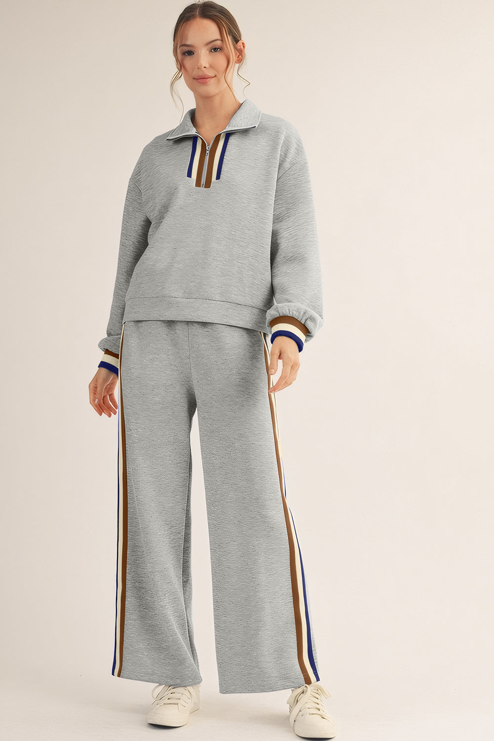 Striped Patchwork Quarter Zip Pullover Loose Trousers Co-ord set - eAura