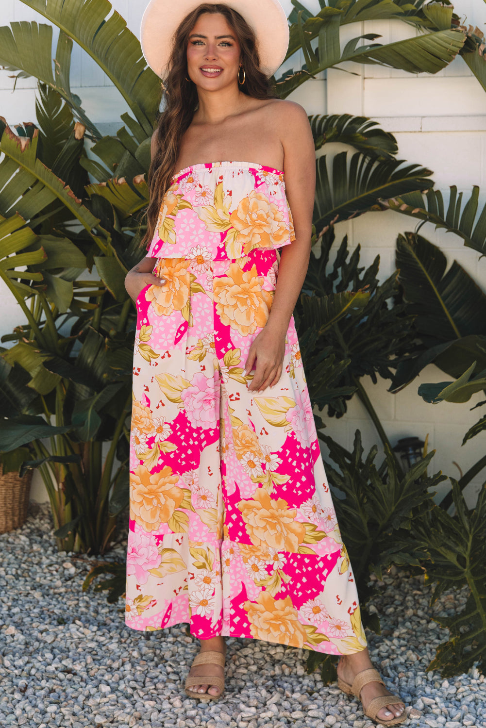 Multicolour Floral Print Ruffled High Waist Tube Top Loose Jumpsuit BB Fashion Outlet