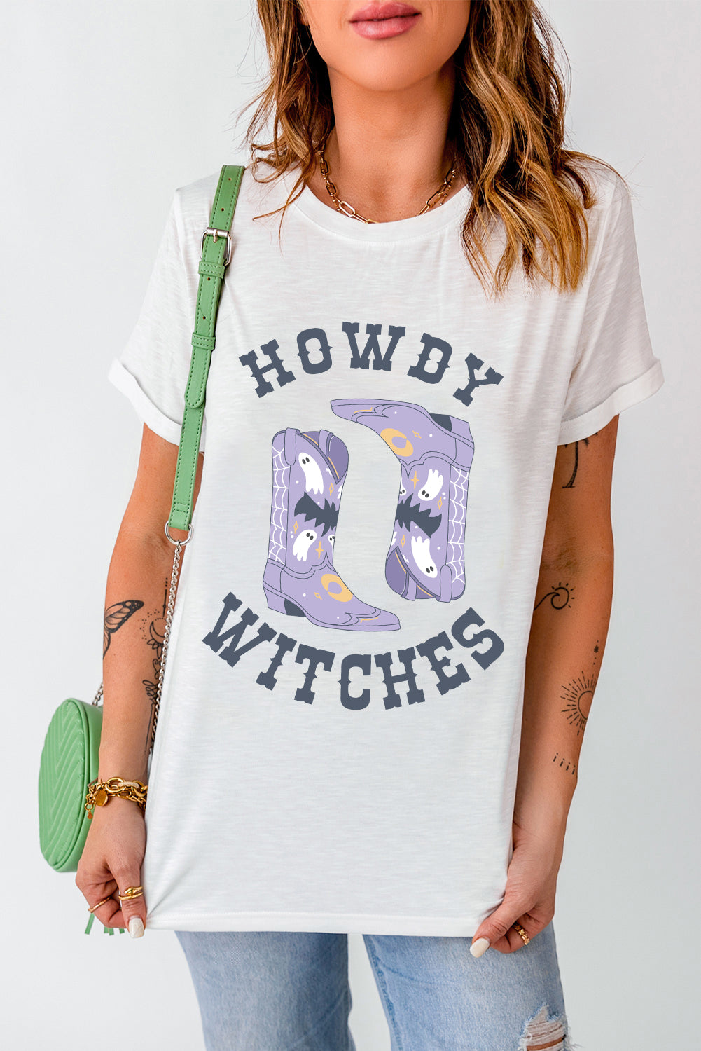 White HOWDY WITCHES Boots Crewneck T-Shirt