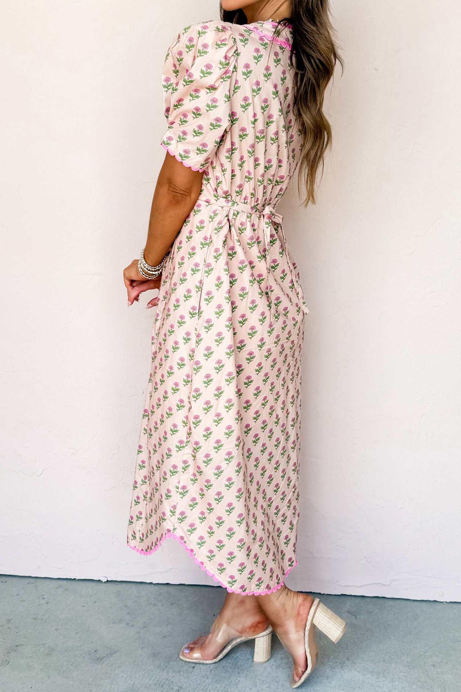 Floral Print V-Neck Scallop Trim Button Front Short Sleeve Long Dress