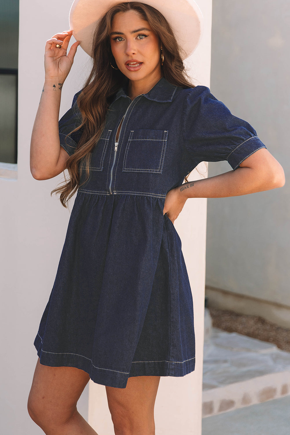 Dirty blue Zipped up Bodice Collared Short Puff Sleeve Denim Dress eAura