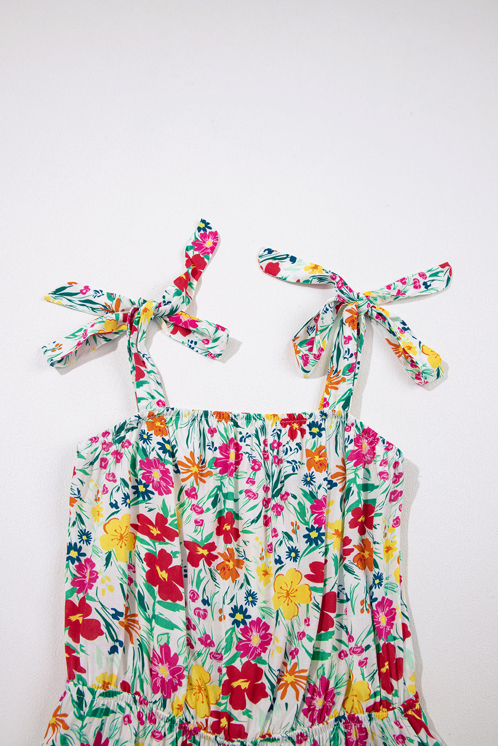 Floral Knotted Straps Cinched Waist Ruffle Hem Mini Dress eAura