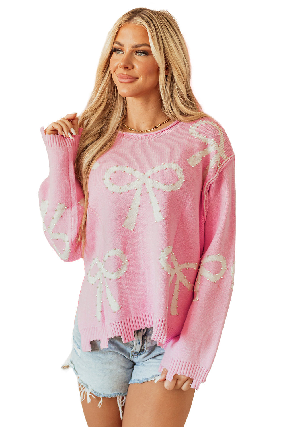 Pink Pearl Beaded Bowknot Pattern Distressed Split Hem Sweater eAura