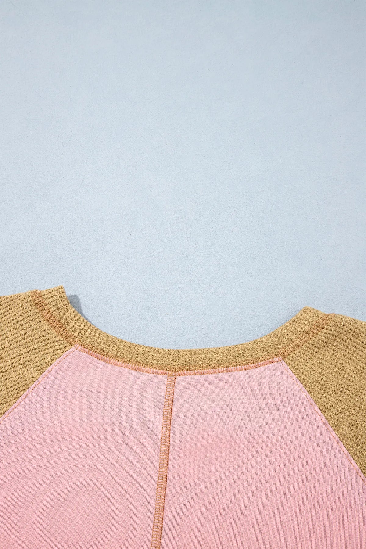 Colour Block Floral Waffle Mixed Patchwork Long Sleeve Top – Apricot Pink