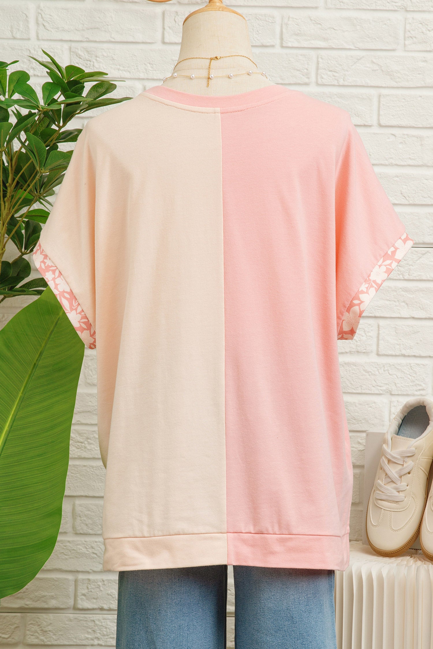 Colour Block Flower Patched Loose T-Shirt