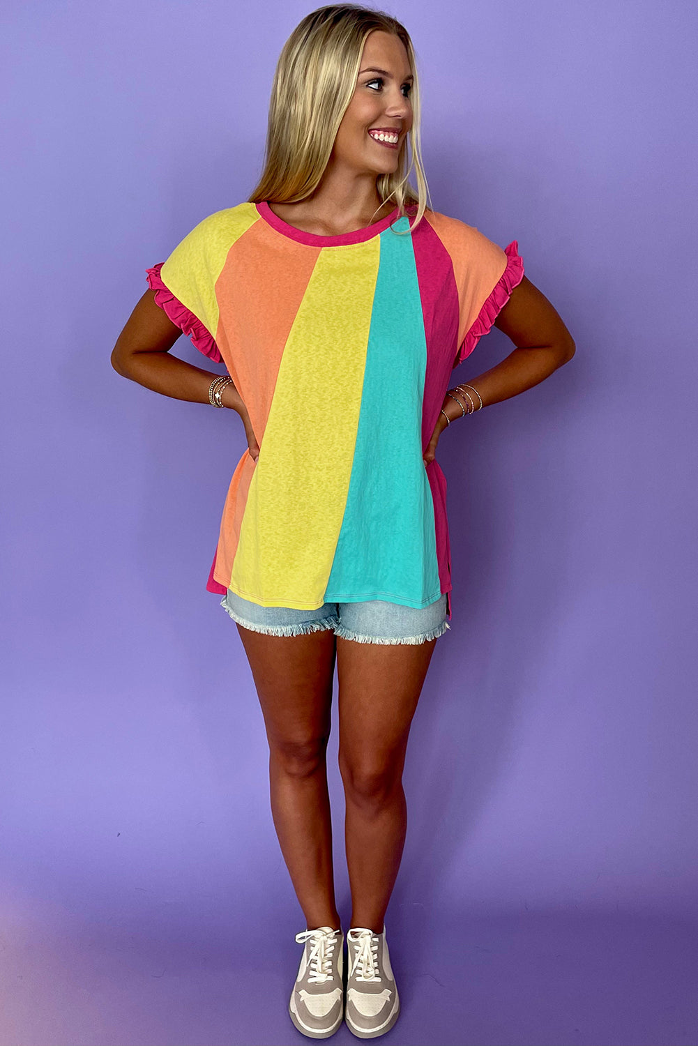 Rose Red Colour Block Ruffled Crew Neck Loose Fit T Shirt eAura