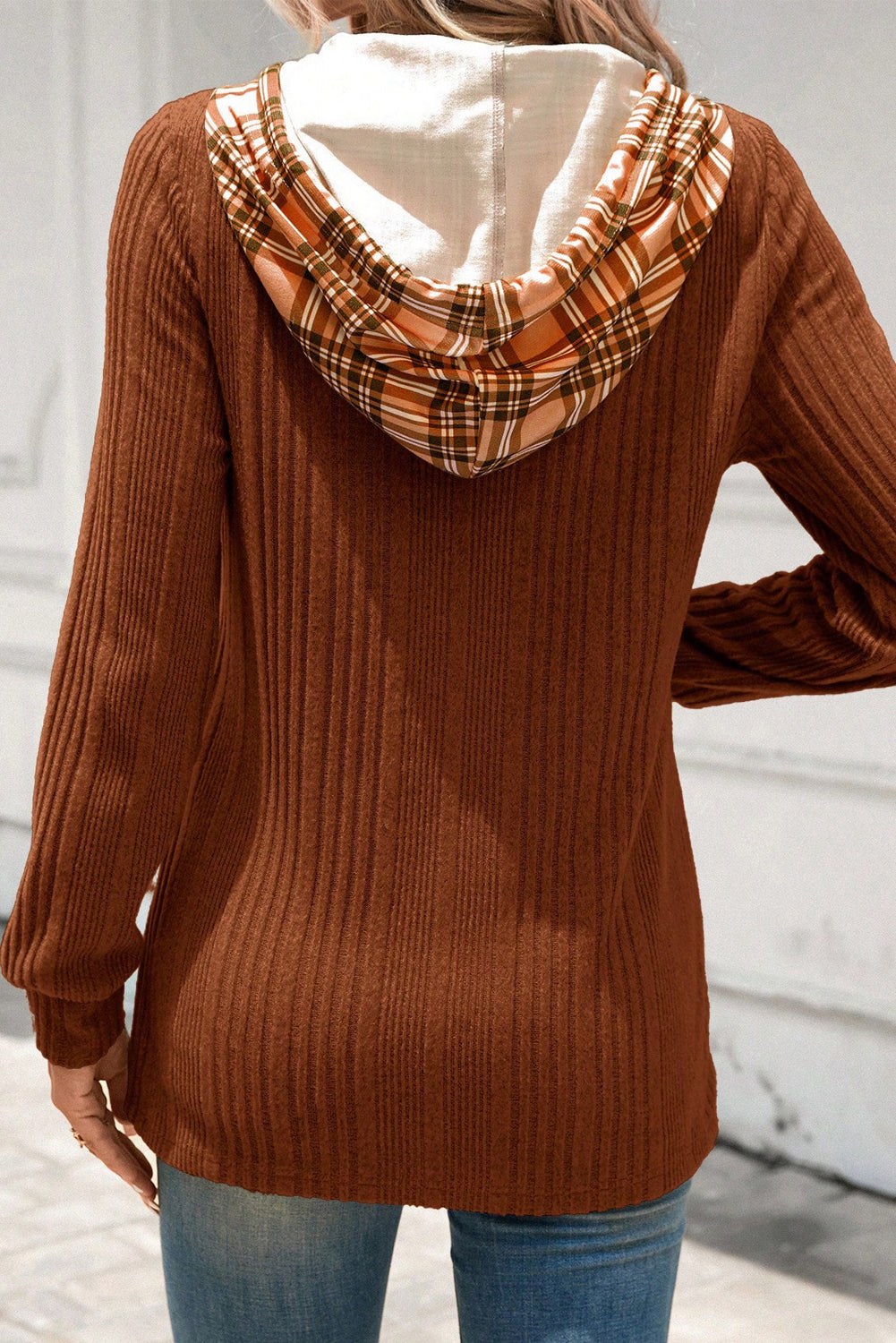 Plaid Patchwork Ribbed Drawstring Hooded Top - eAura