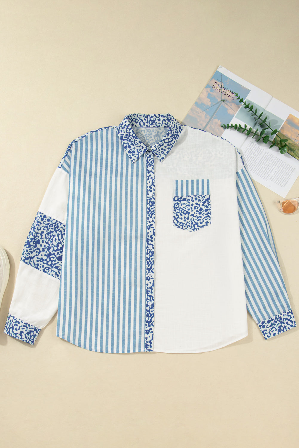 Sky Blue Leopard Striped Patchwork Casual Plus Shirt Dear-Lover Dropshipping