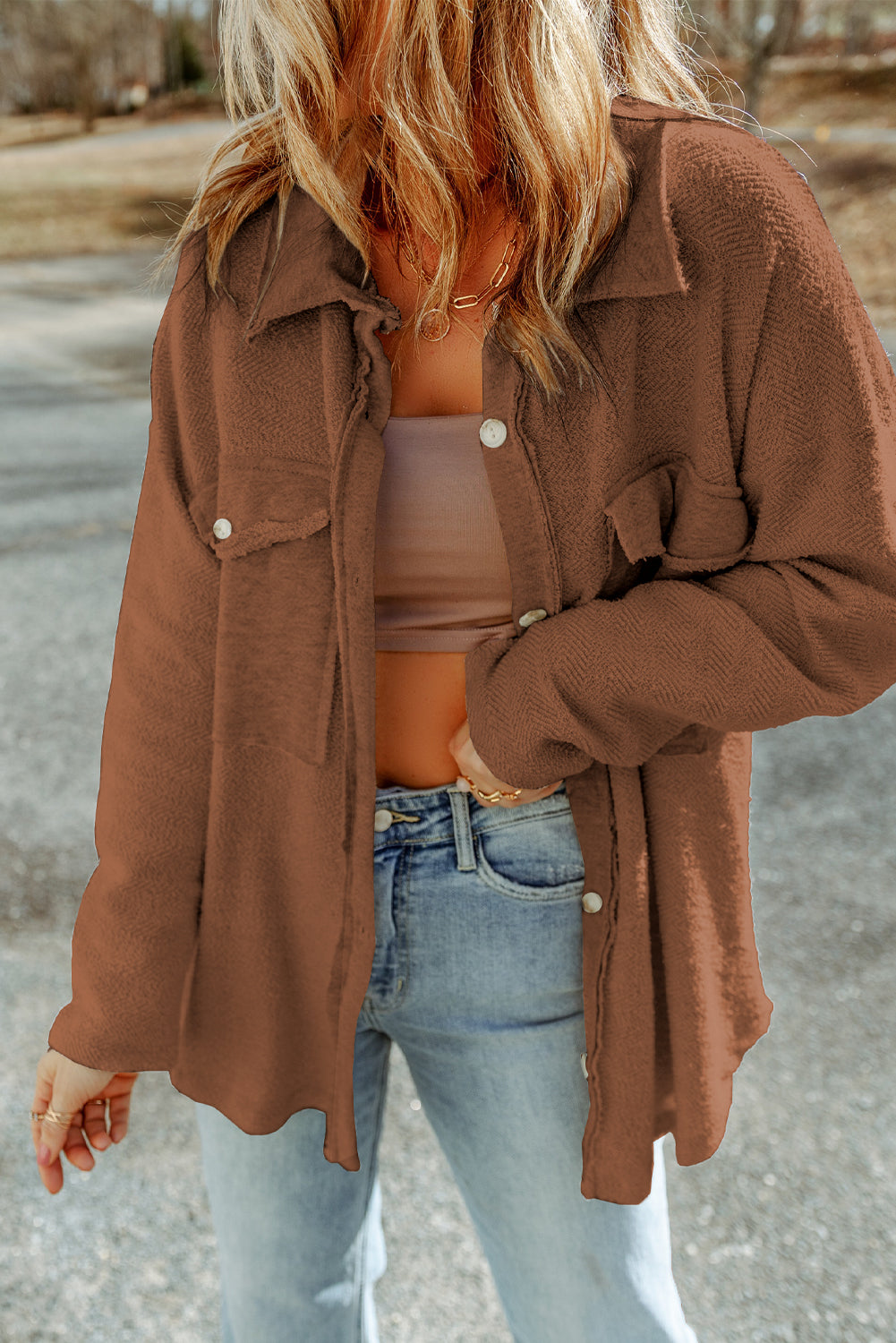 Grey Contrast Flap Pockets Relaxed Shacket eAura