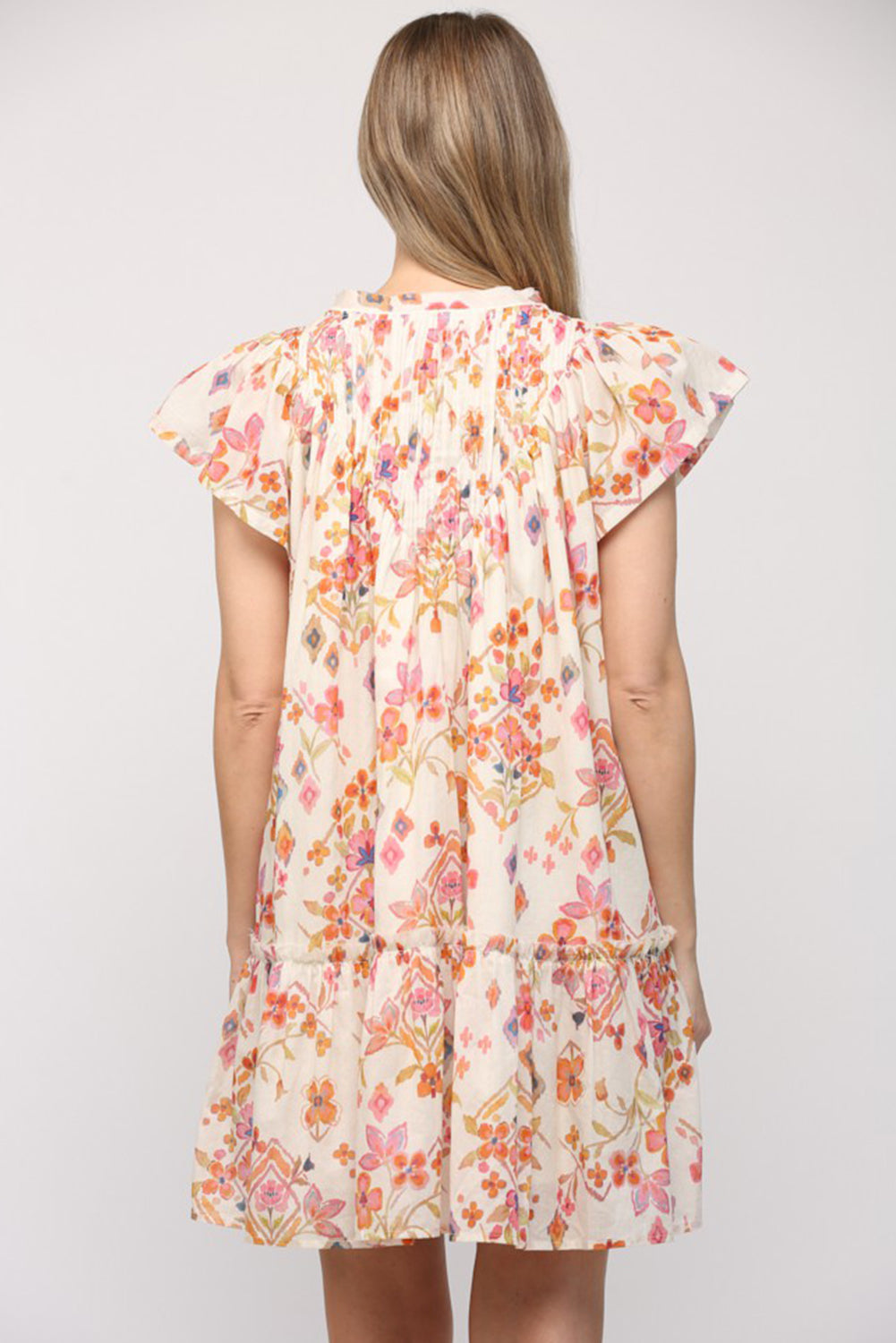 Apricot Floral Geometric Print Ruffled Trim Flutter Sleeve Mini Dress eAura