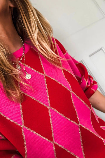 Glitter Rhombus Pattern Knit Casual Sweater - eAura